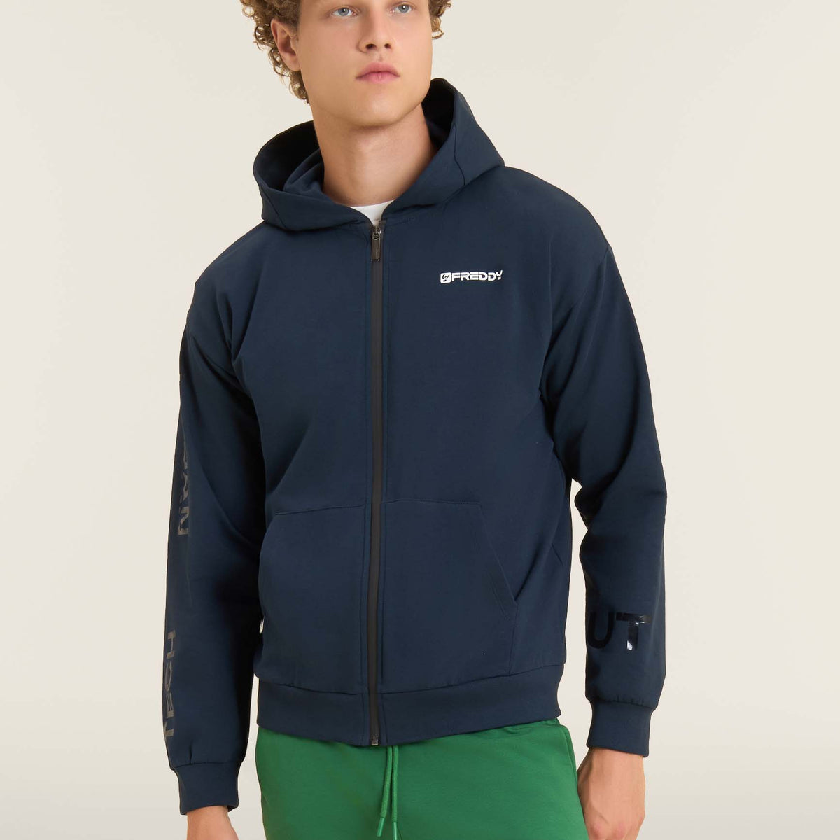 Full-zip jersey hoodie with pouch pockets