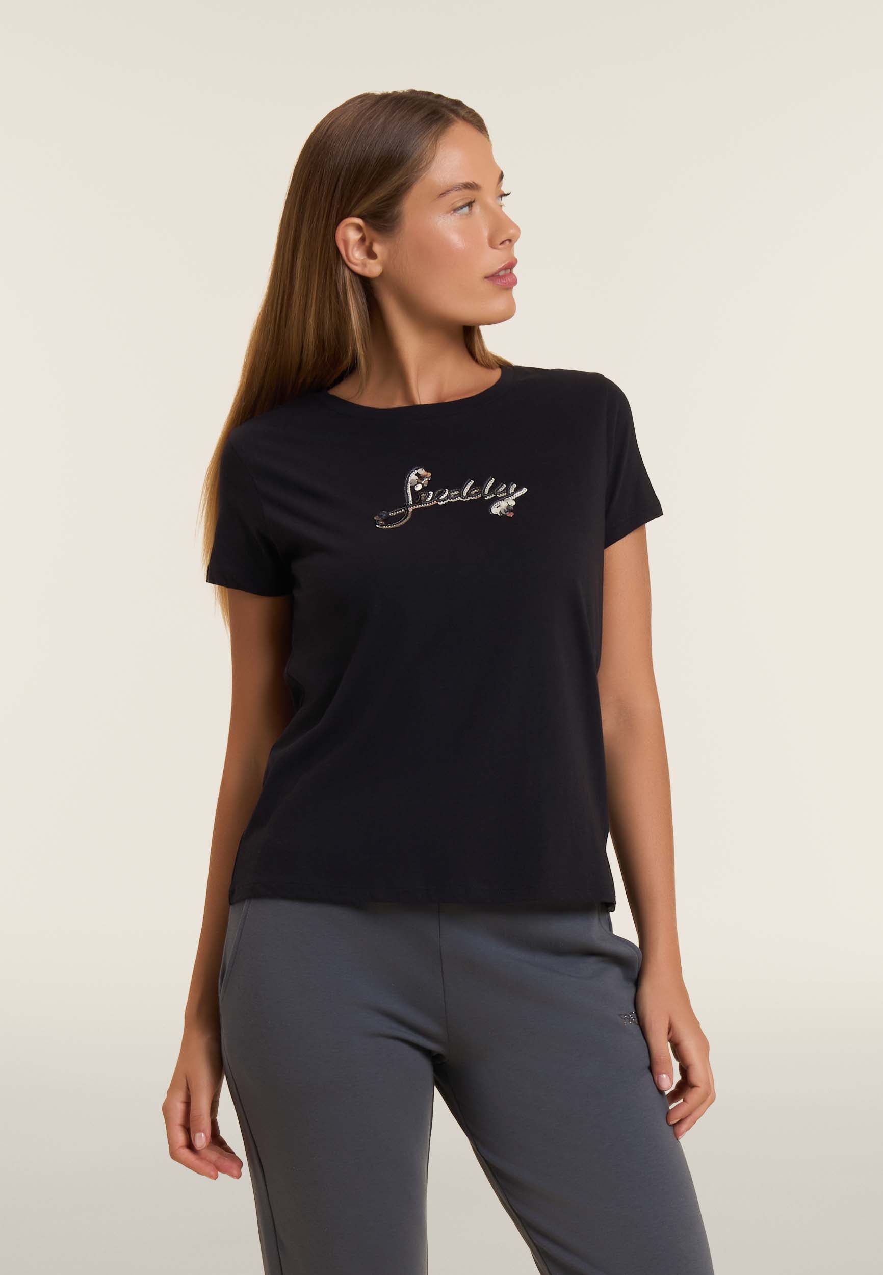 Supima cotton T-shirt with two-tone sequinned logo