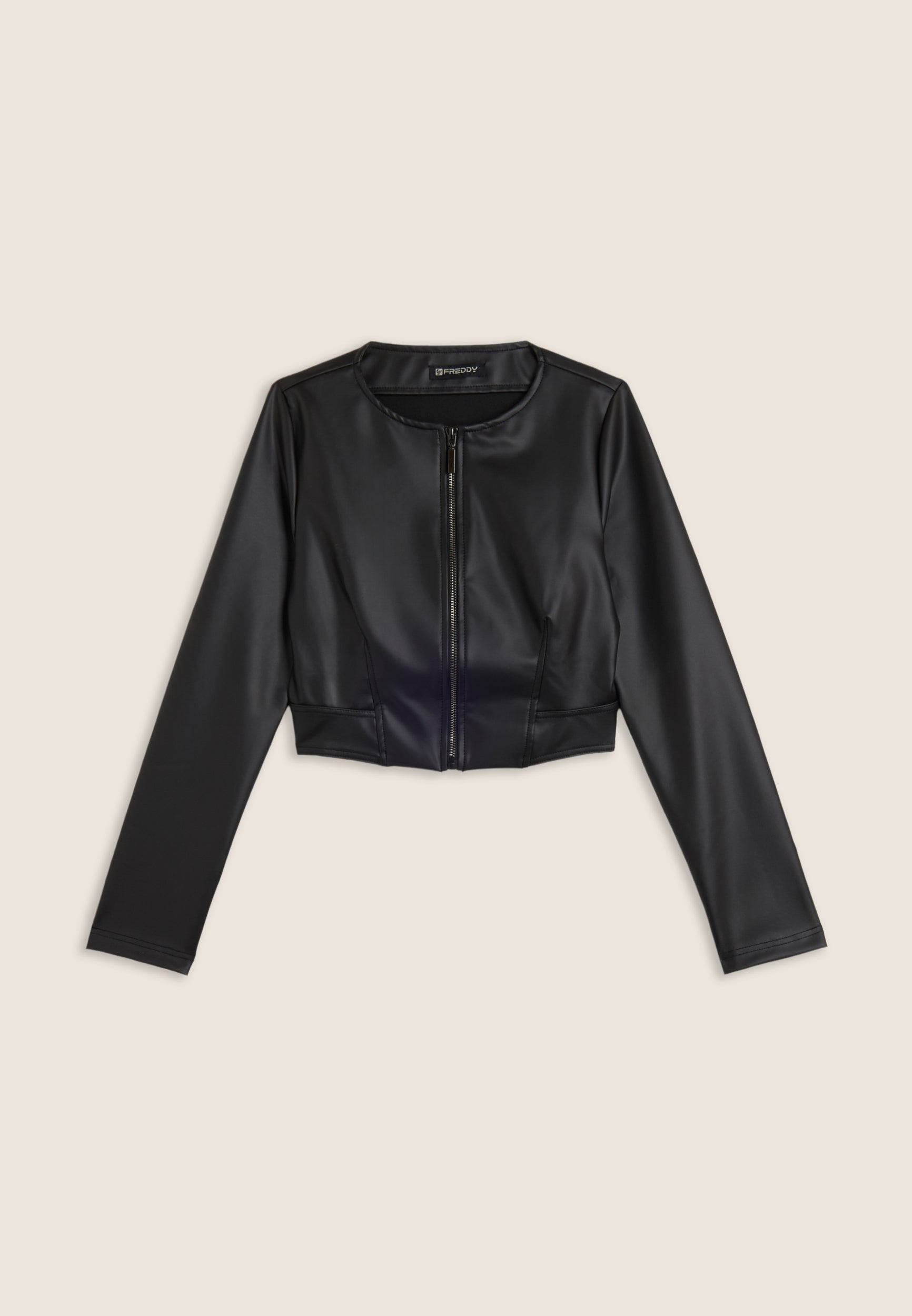 Cropped faux leather jacket with metal zip