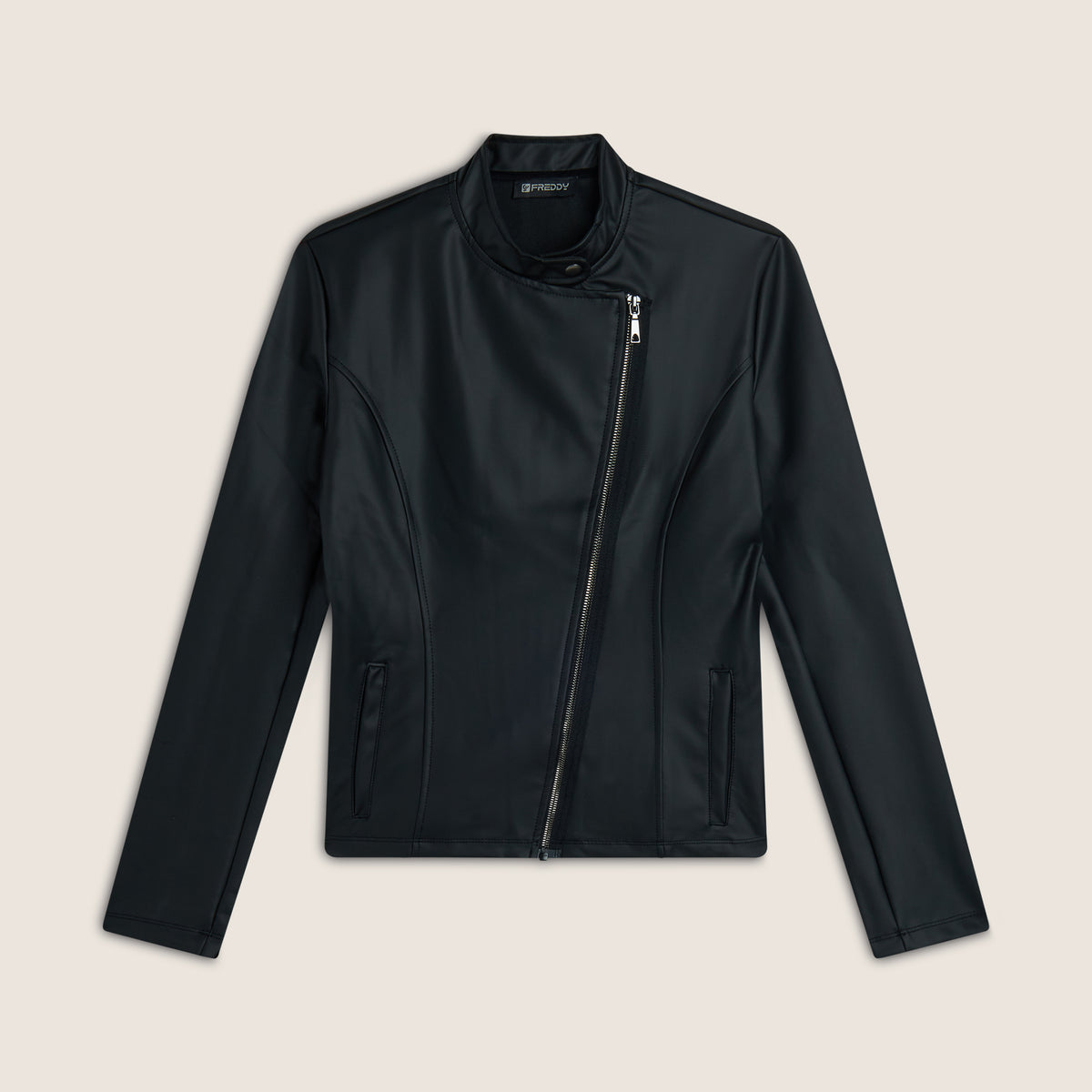 Giacca chiodo da donna in tessuto coated effetto pelle