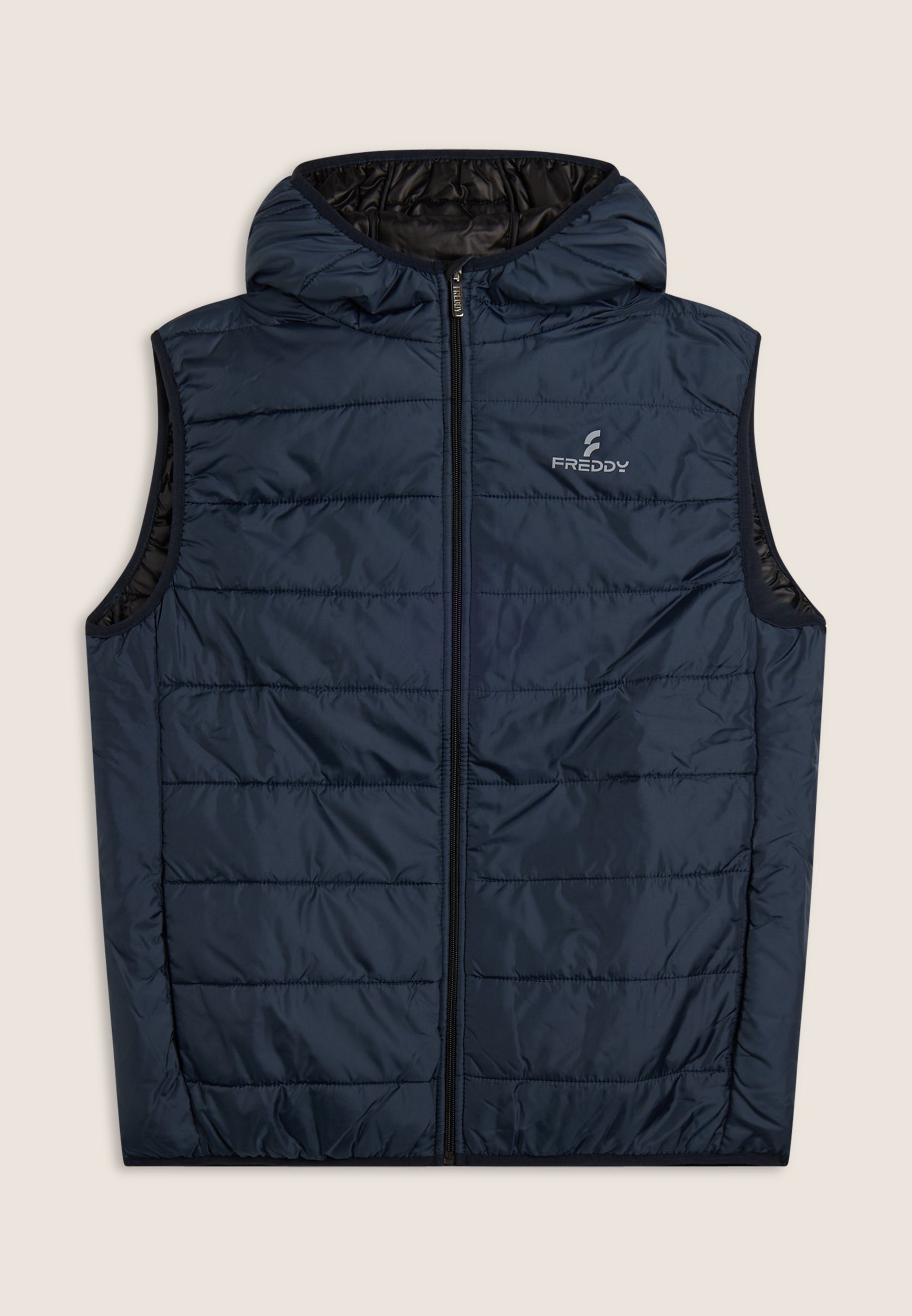Men's padded sleeveless jacket with a zip and hood