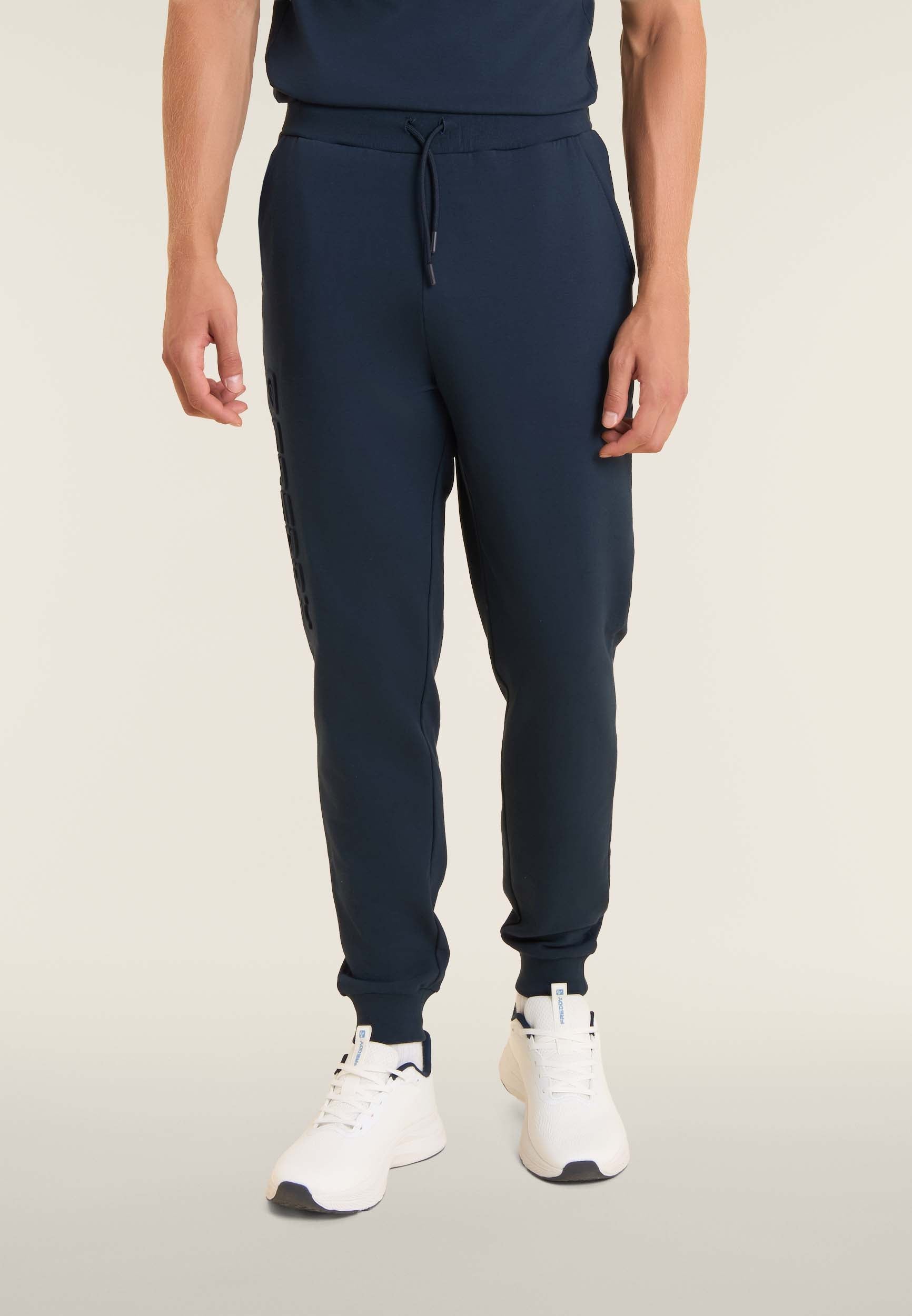 Slim fit interlock trousers with large embossed logo