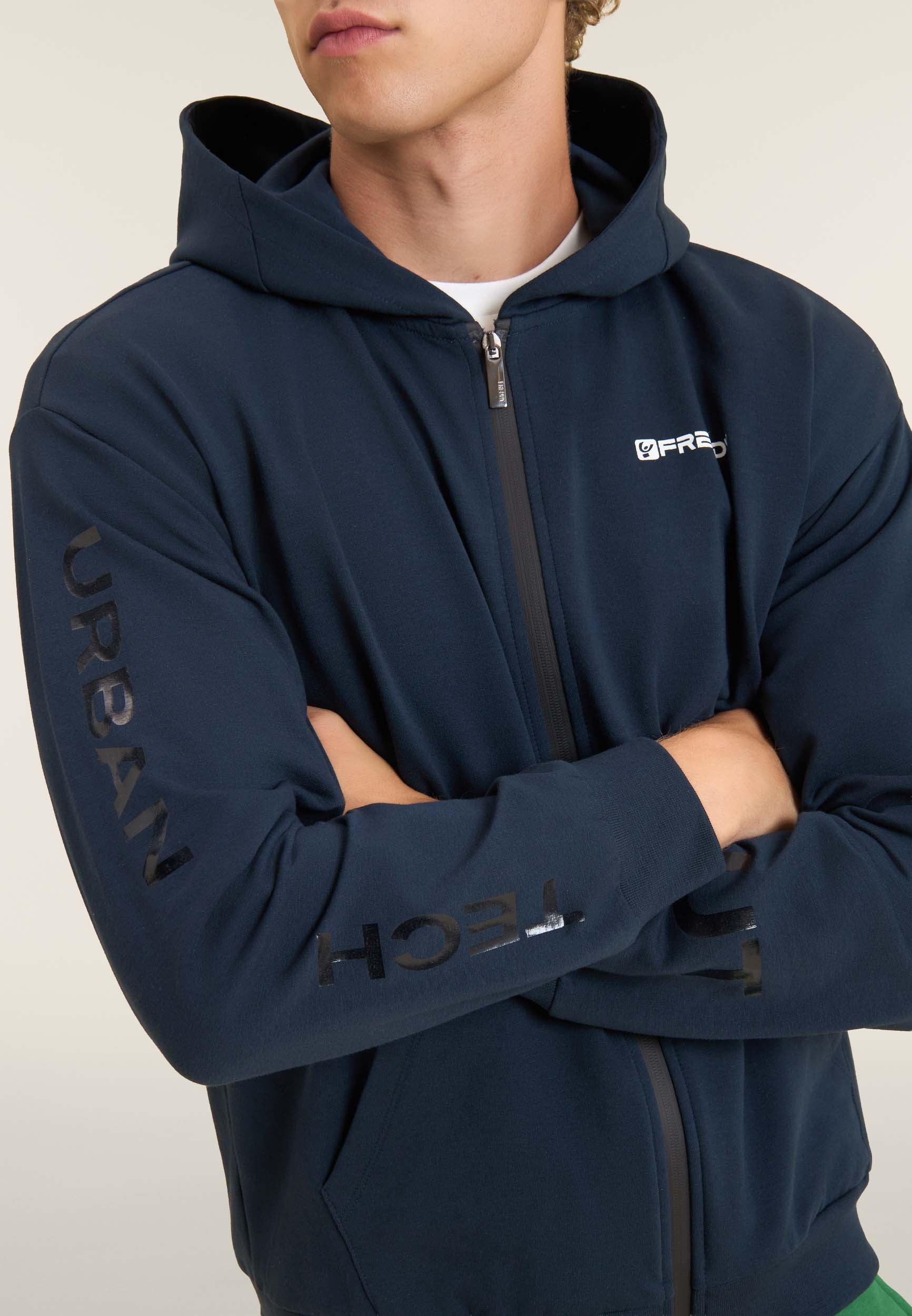 Full-zip jersey hoodie with pouch pockets