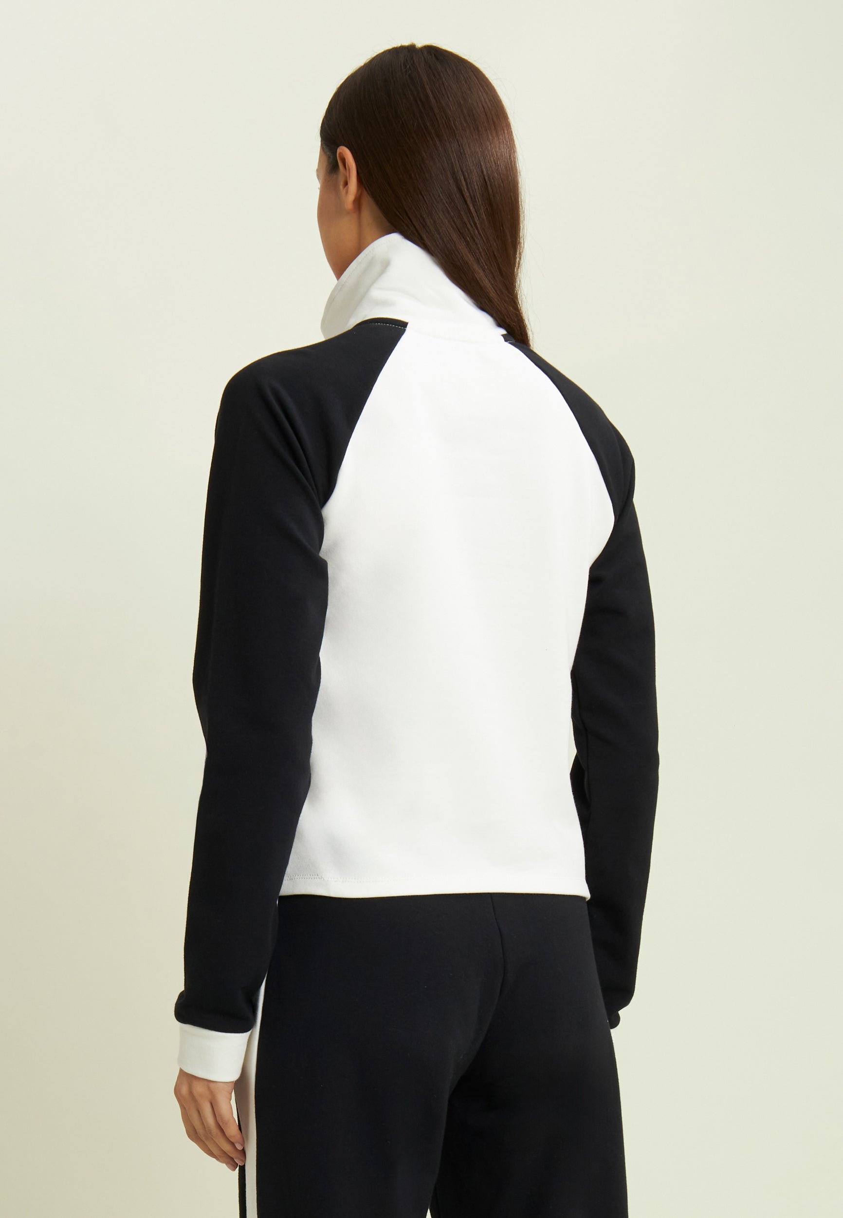 Two-tone cropped sweatshirt with half-zip and turtleneck