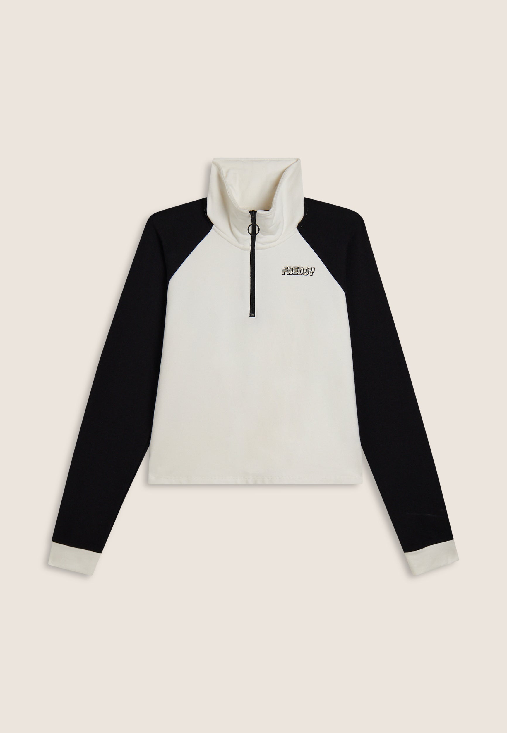 Two-tone cropped sweatshirt with half-zip and turtleneck