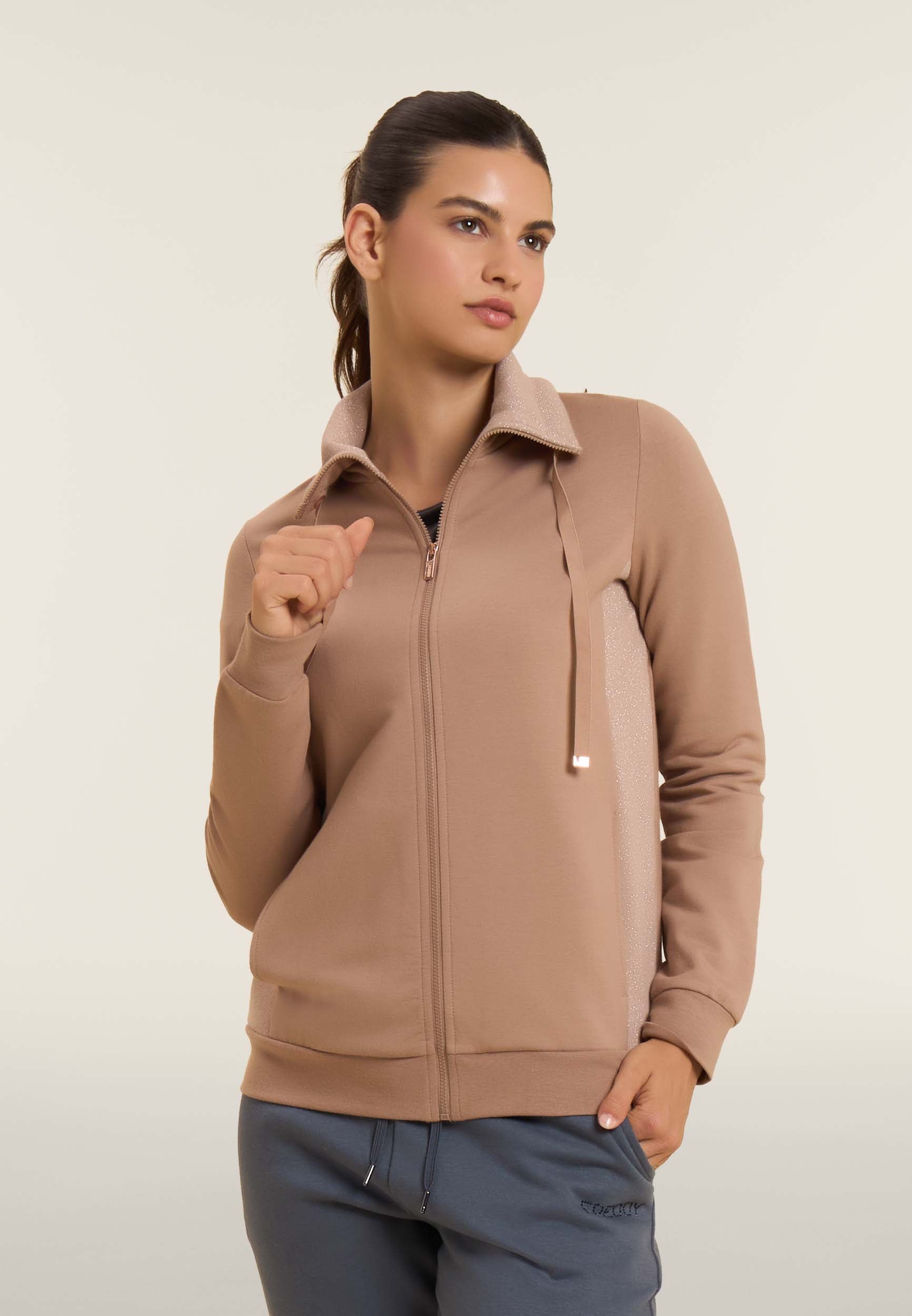 Women's full-zip turtleneck sweatshirt with melange lurex inserts
