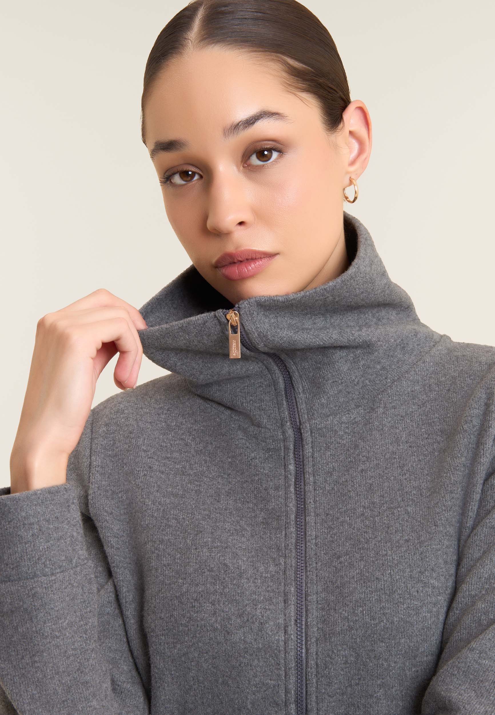 Women's full-zip sweatshirt with tricot effect and turtleneck