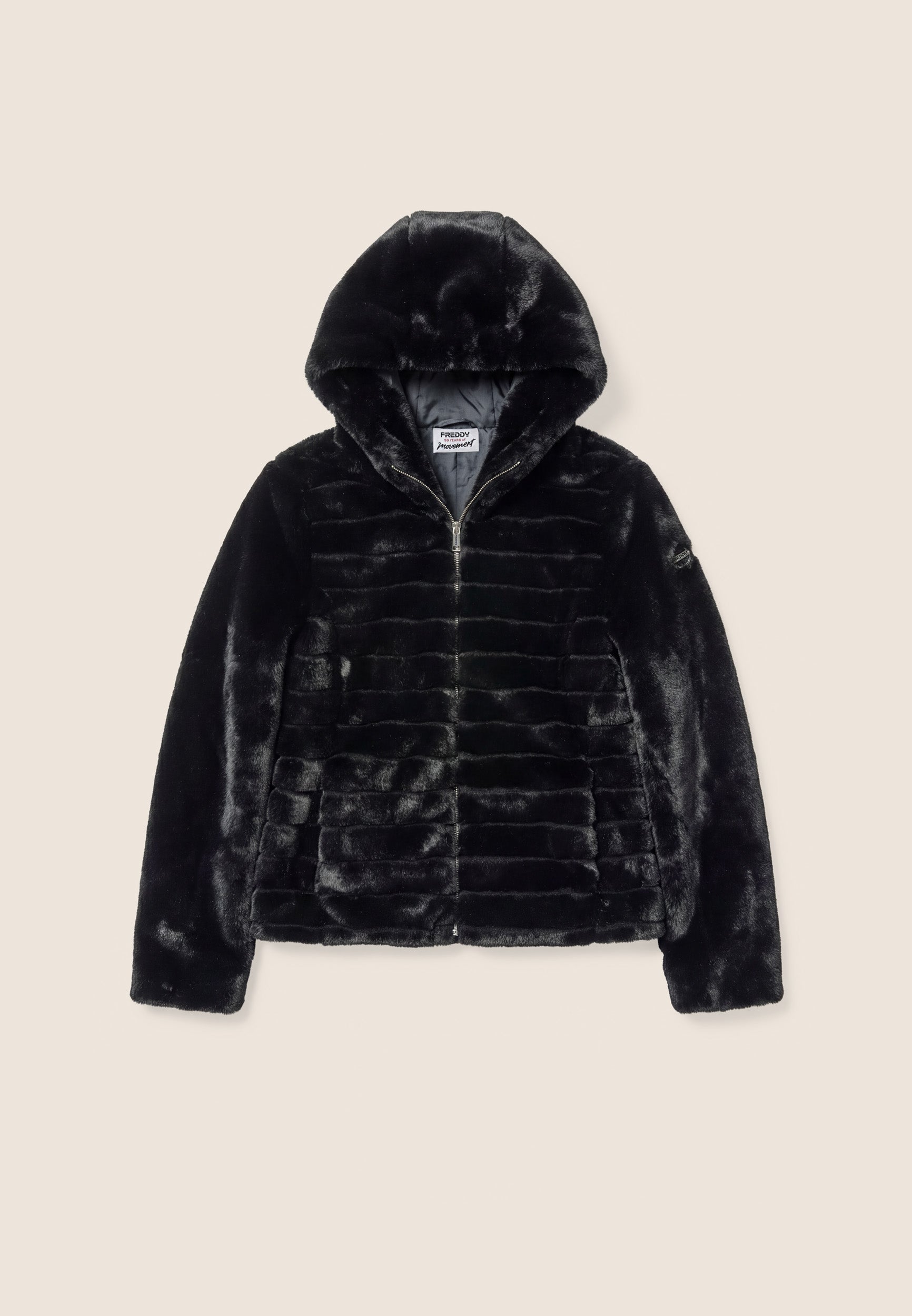 Synthetic fur hooded jacket with striped effect