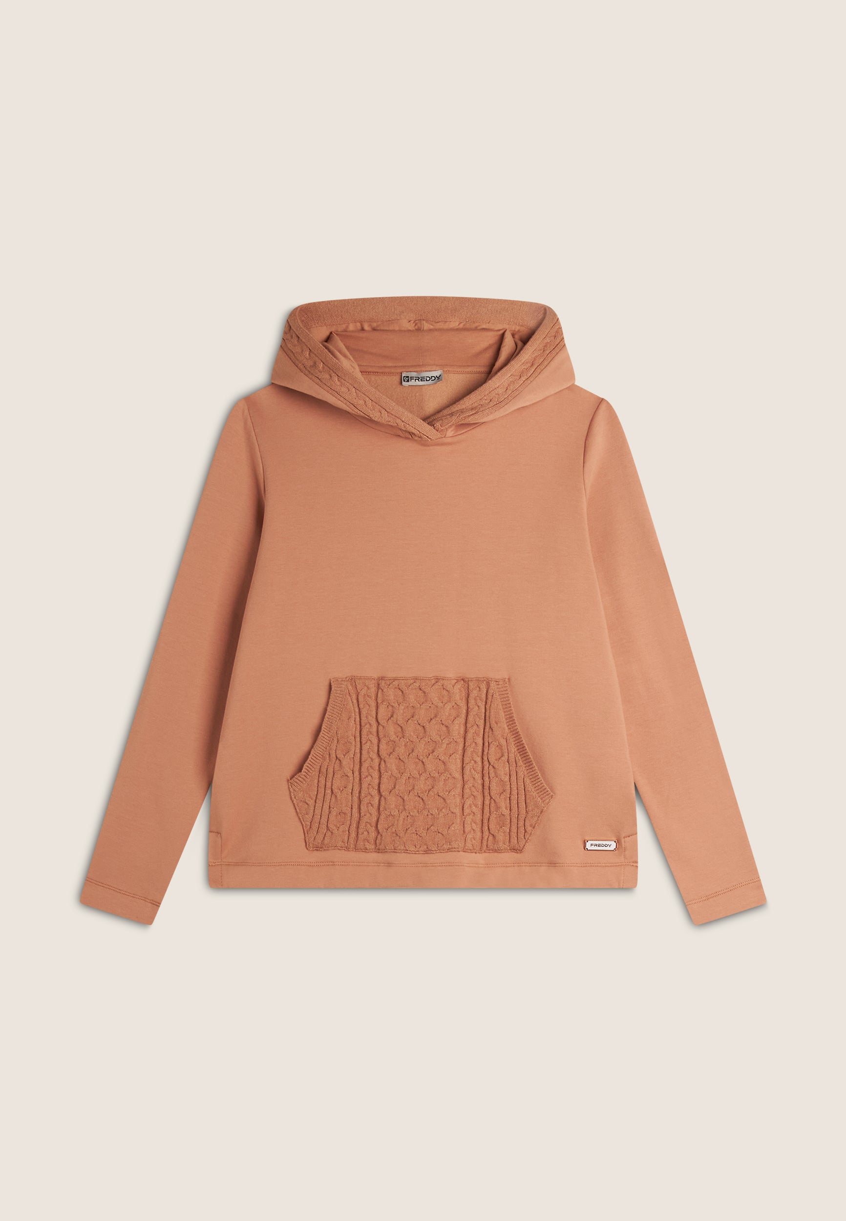 Cable knit tricot hoodie with a pouch pocket
