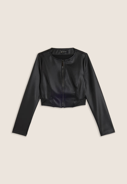 Cropped faux leather jacket with metal zip