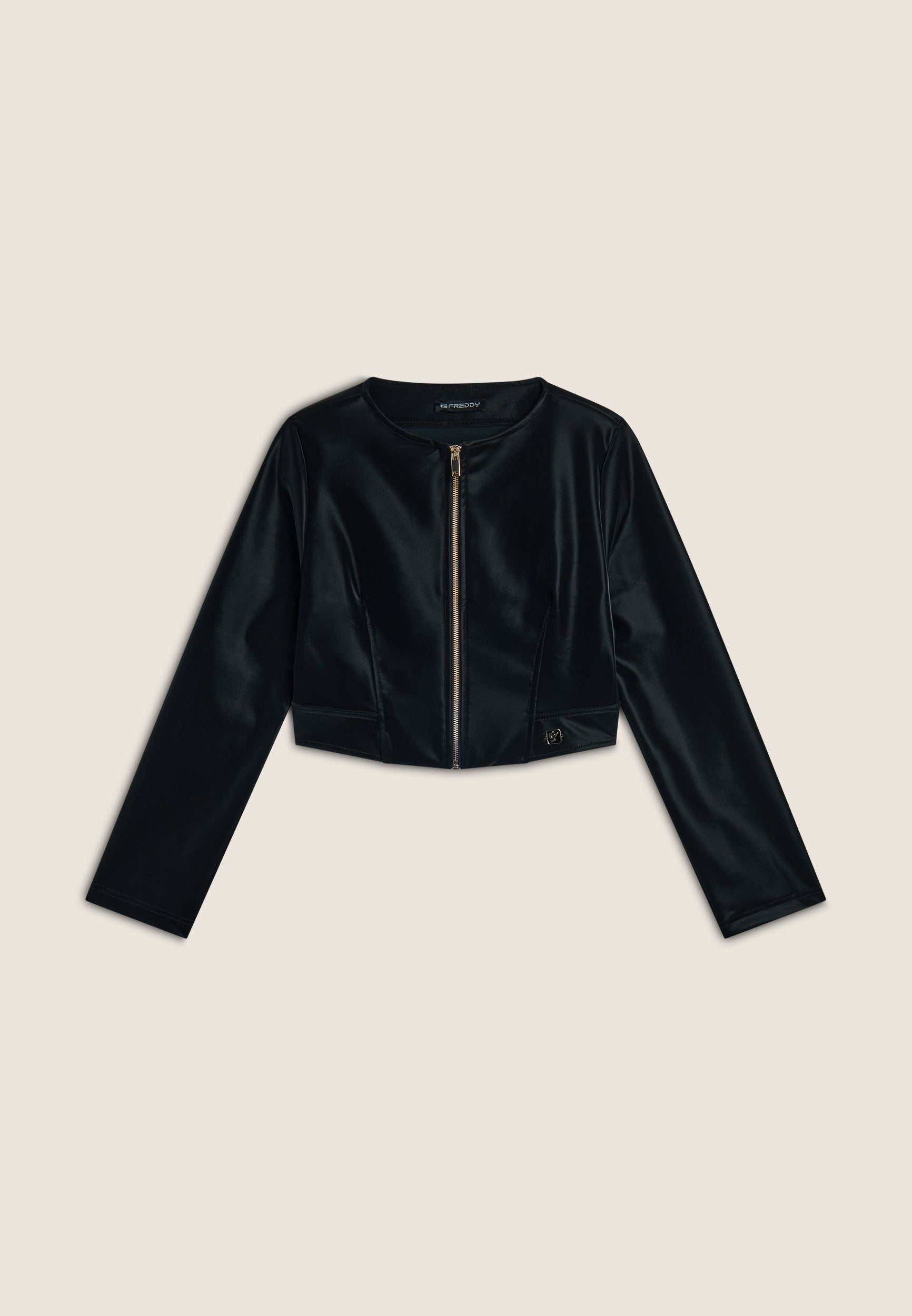 Women's zip-front cropped jacket in shiny faux leather