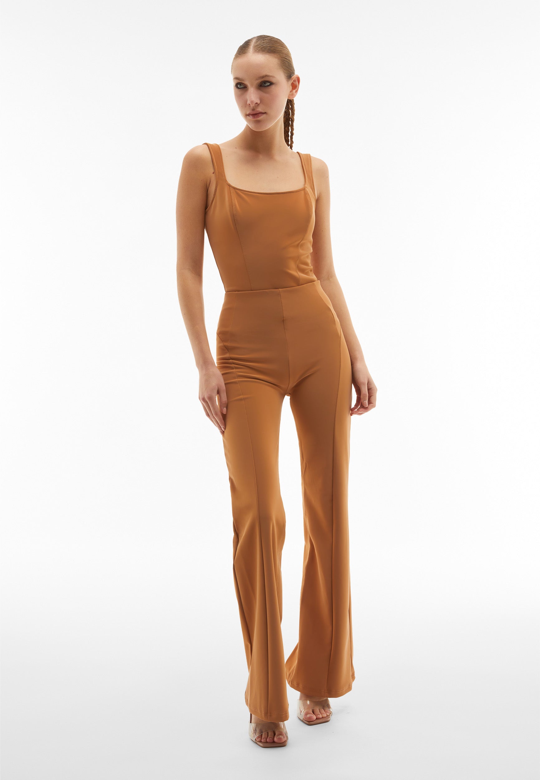 Square-neck bodysuit in shiny faux leather