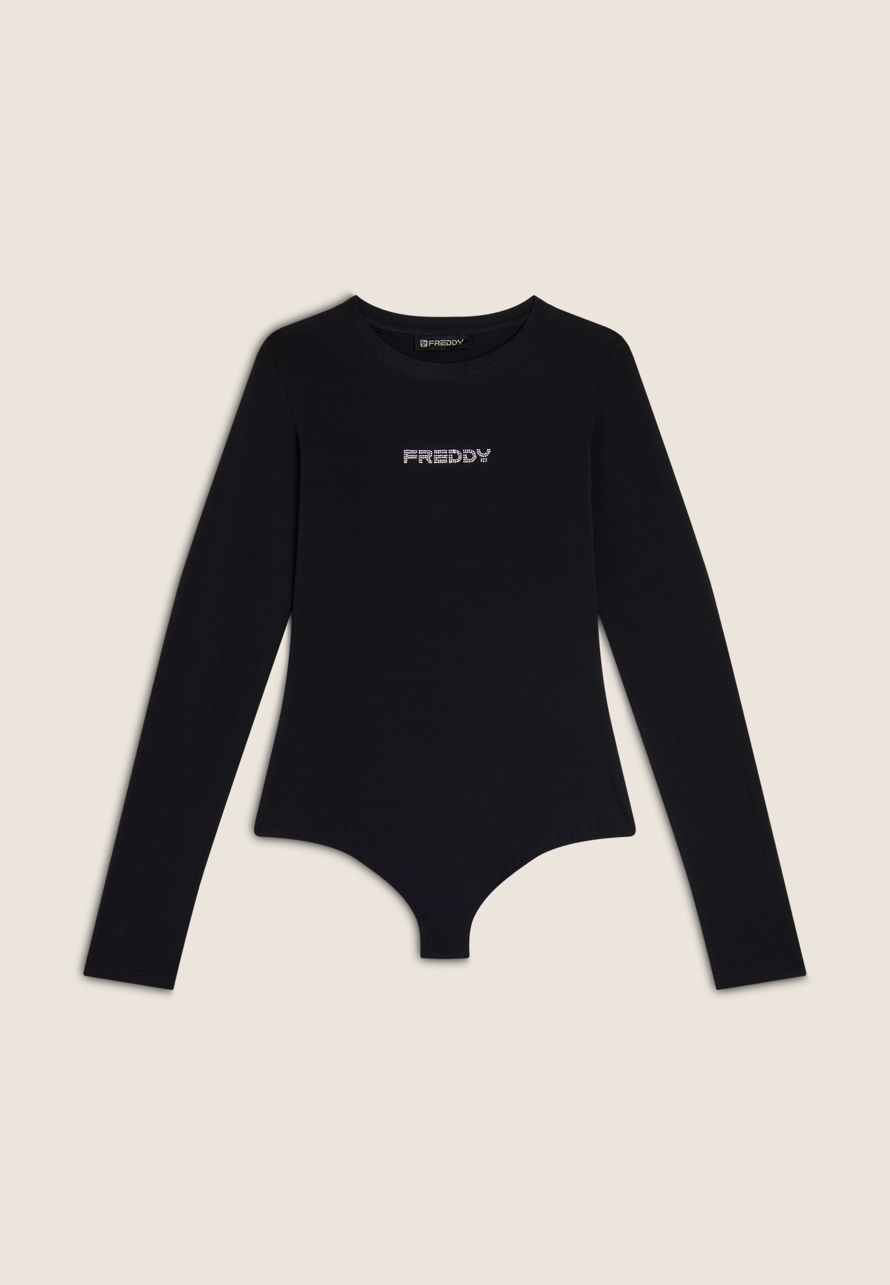 Square-neck jersey bodysuit decorated with rhinestones
