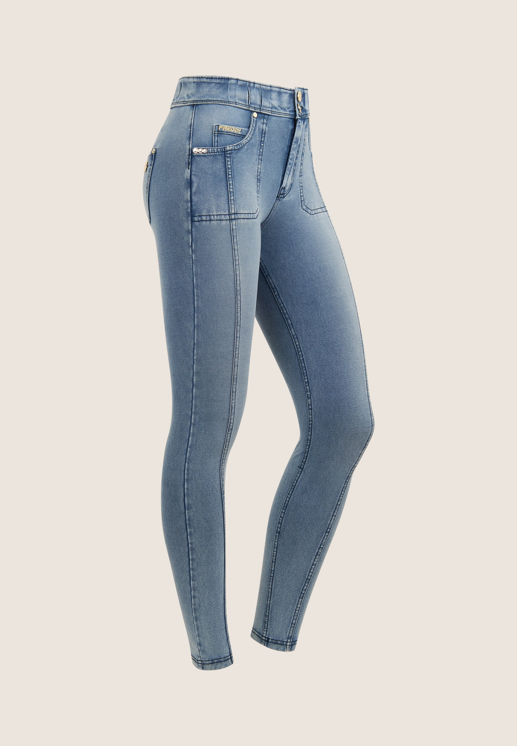 Medium-waist jersey denim trousers with decorative stitching