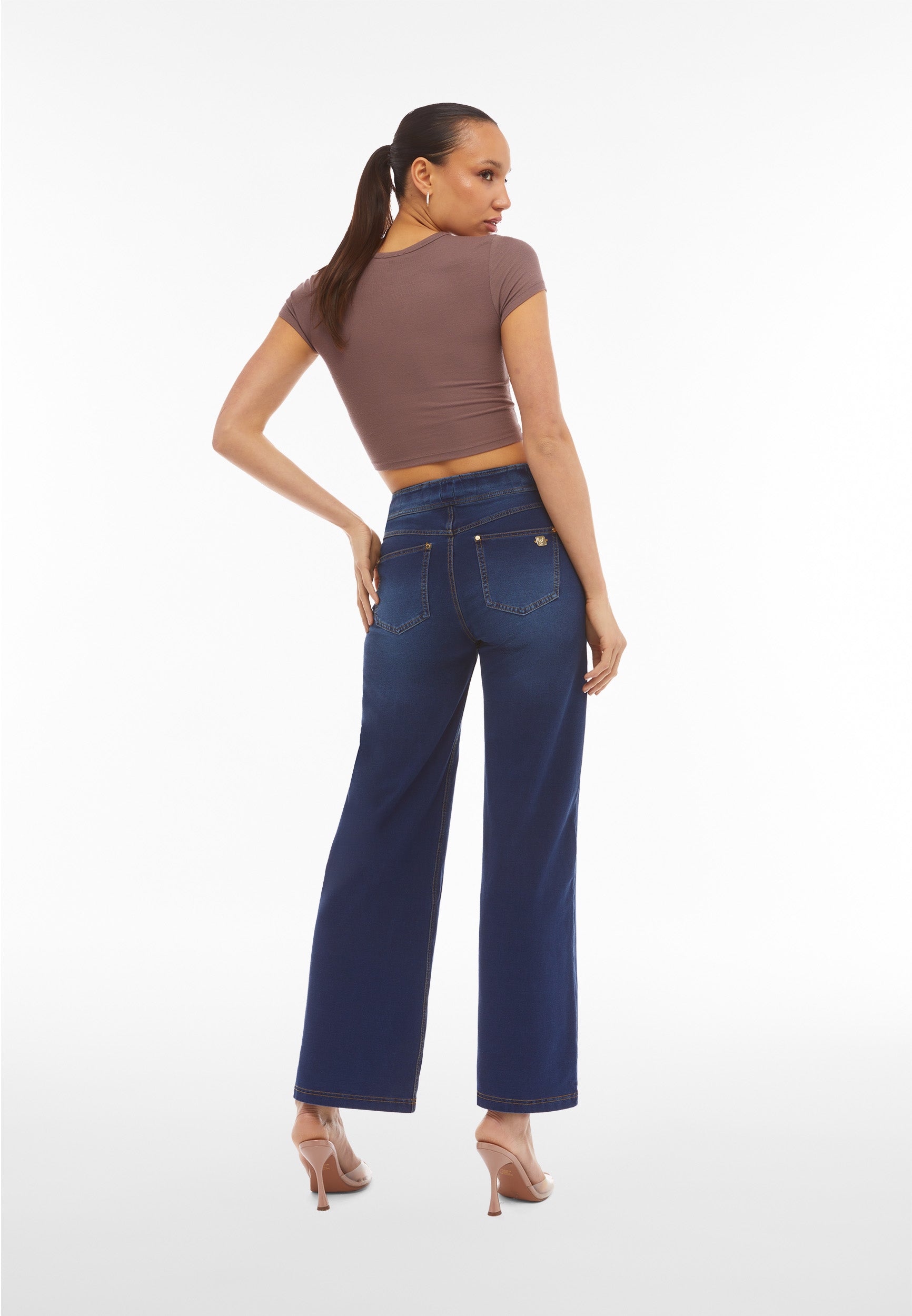 High-waist wide leg N.O.W.® trousers in denim-effect jersey