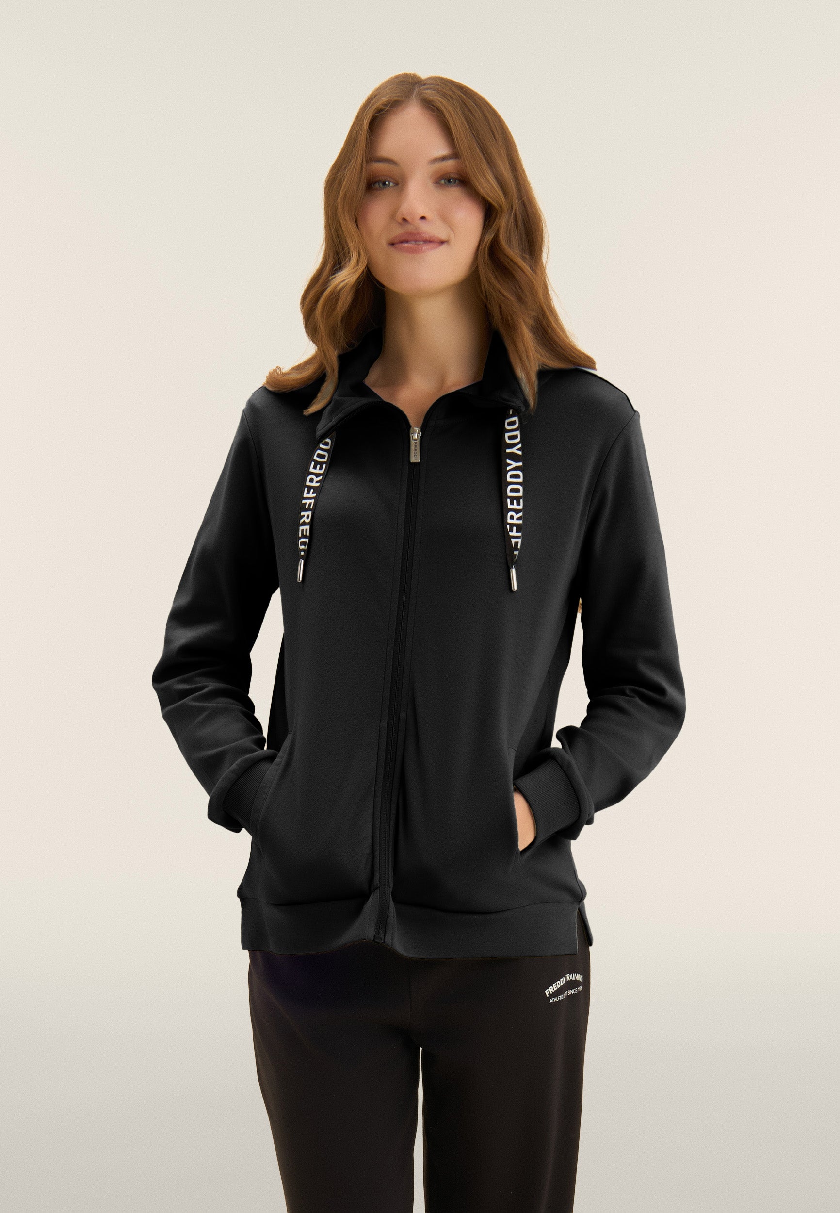 Zip and high neck tracksuit, wide leg trousers