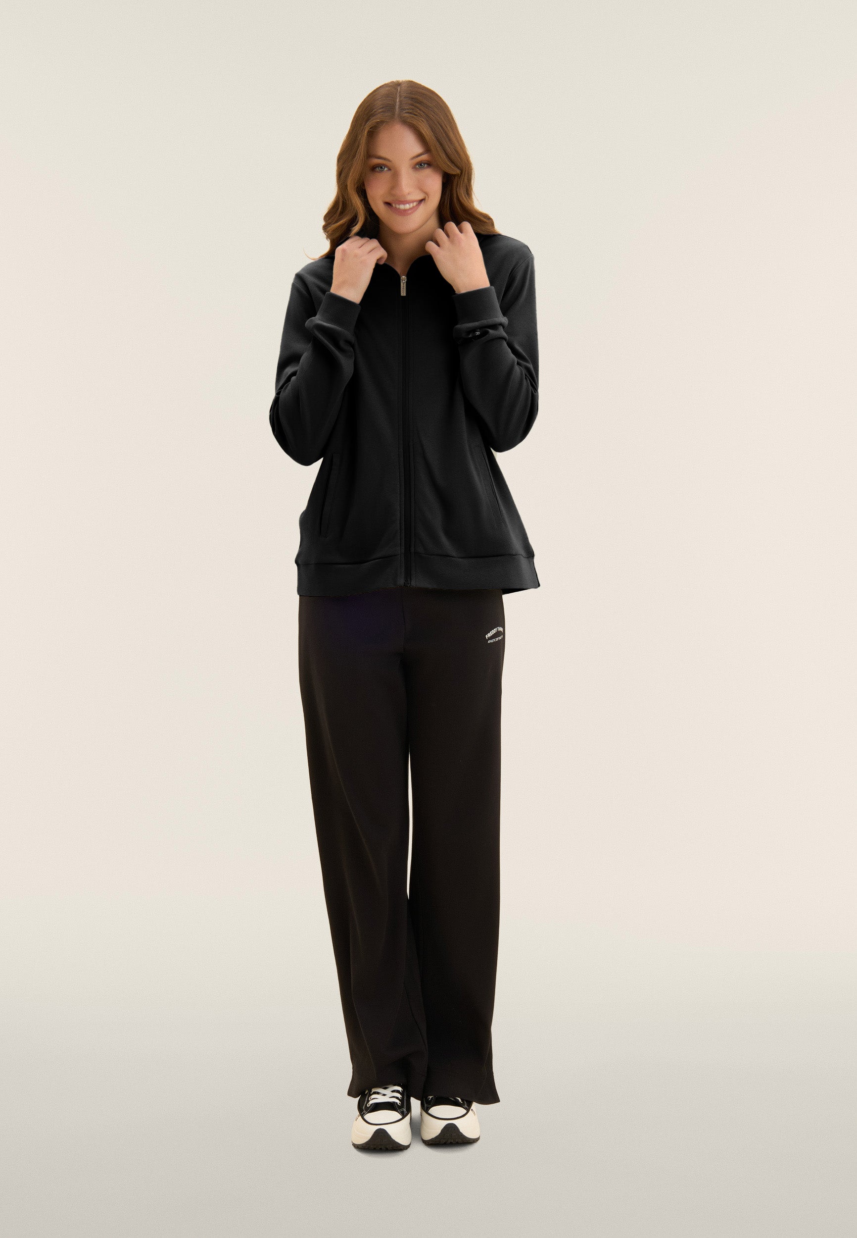 Zip and high neck tracksuit, wide leg trousers