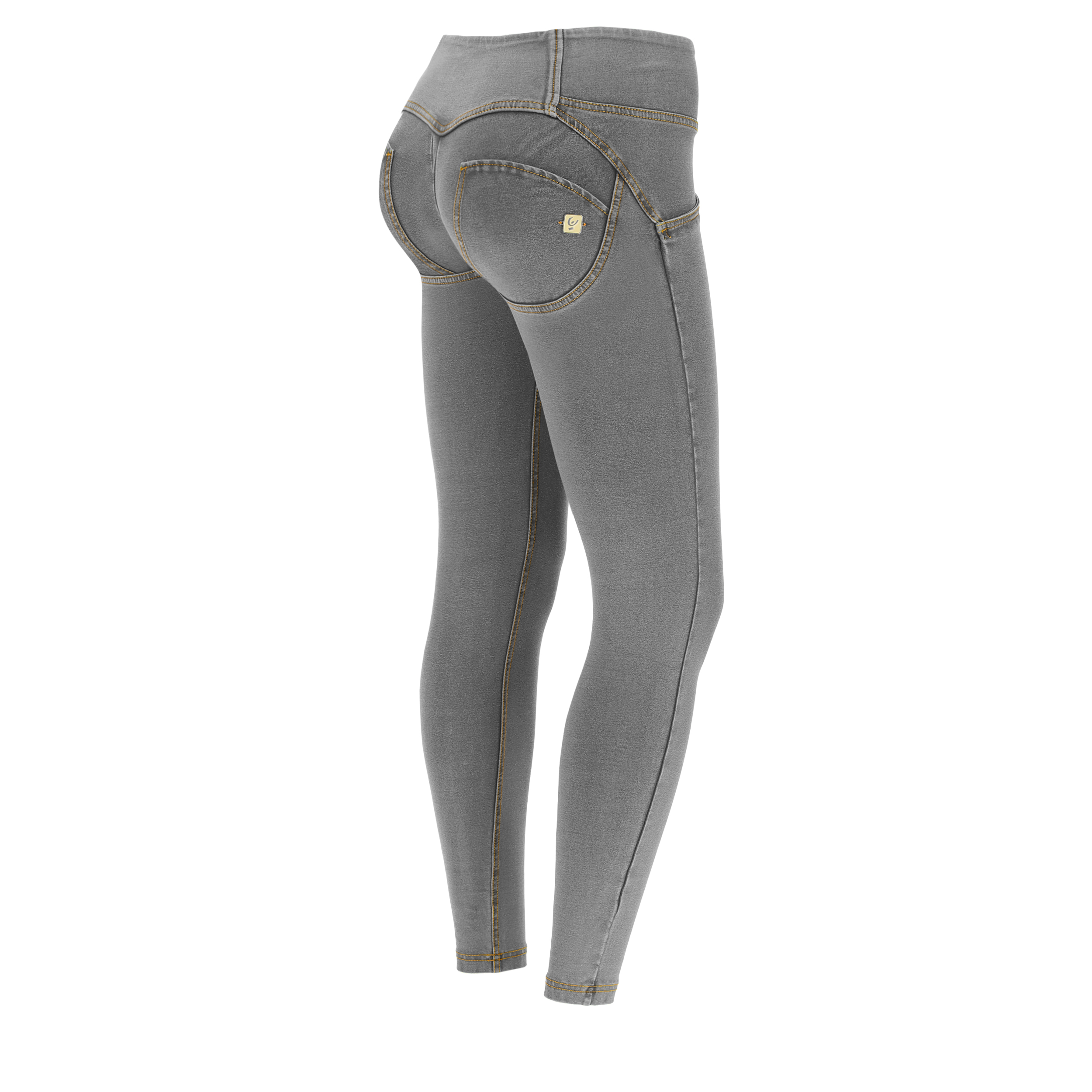 freddy pantalone 7/8 wr.up® superskinny a vita media effetto denim, jeans grigio-cuciture gialle, donna