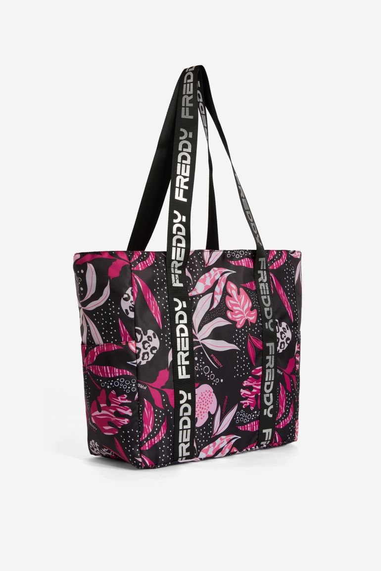 Borsa shopper stampa tropical con doppi manici logati argento Freddy Official Store