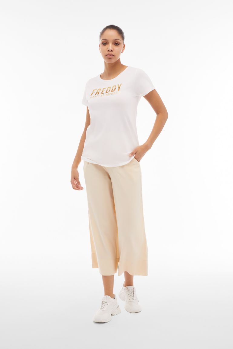 Cropped viscose linen trousers with wide leg Freddy Official Store