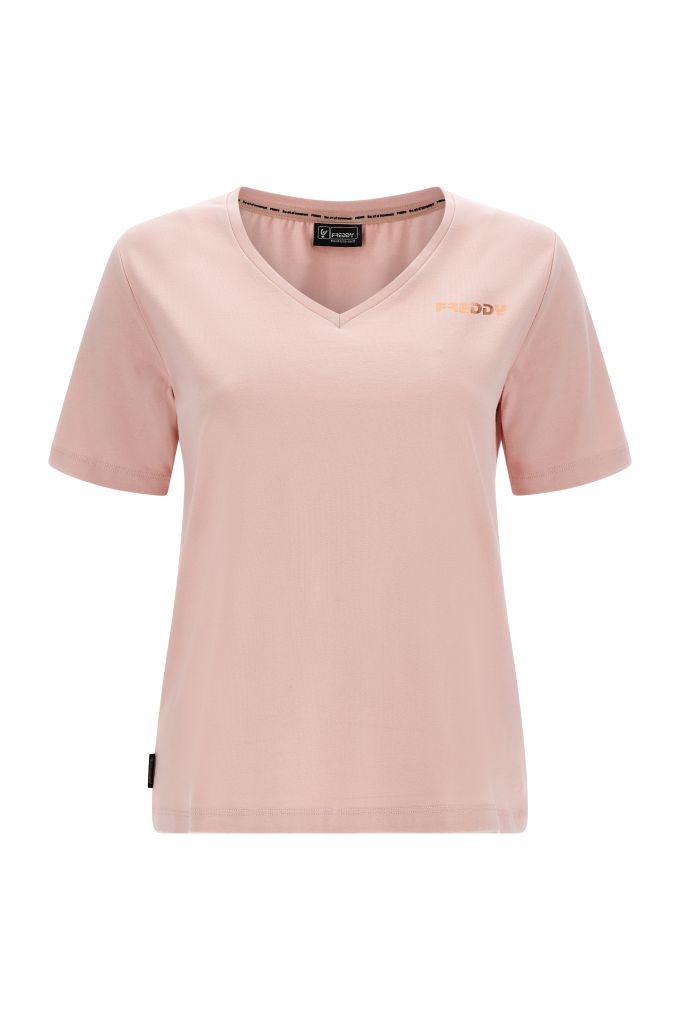 Stretch V-neck t-shirt with a copper Freddy logo