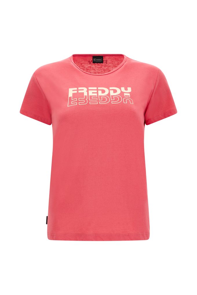 Lightweight jersey t-shirt with a shiny copper-hued Freddy print
