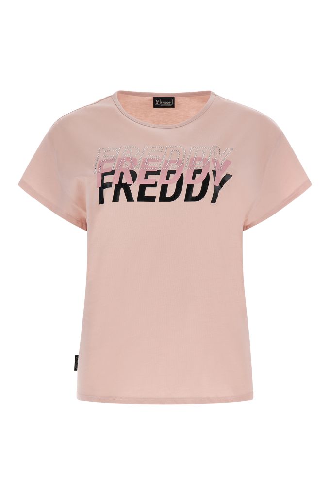 Cropped t-shirt with cap sleeves and a repeated Freddy print