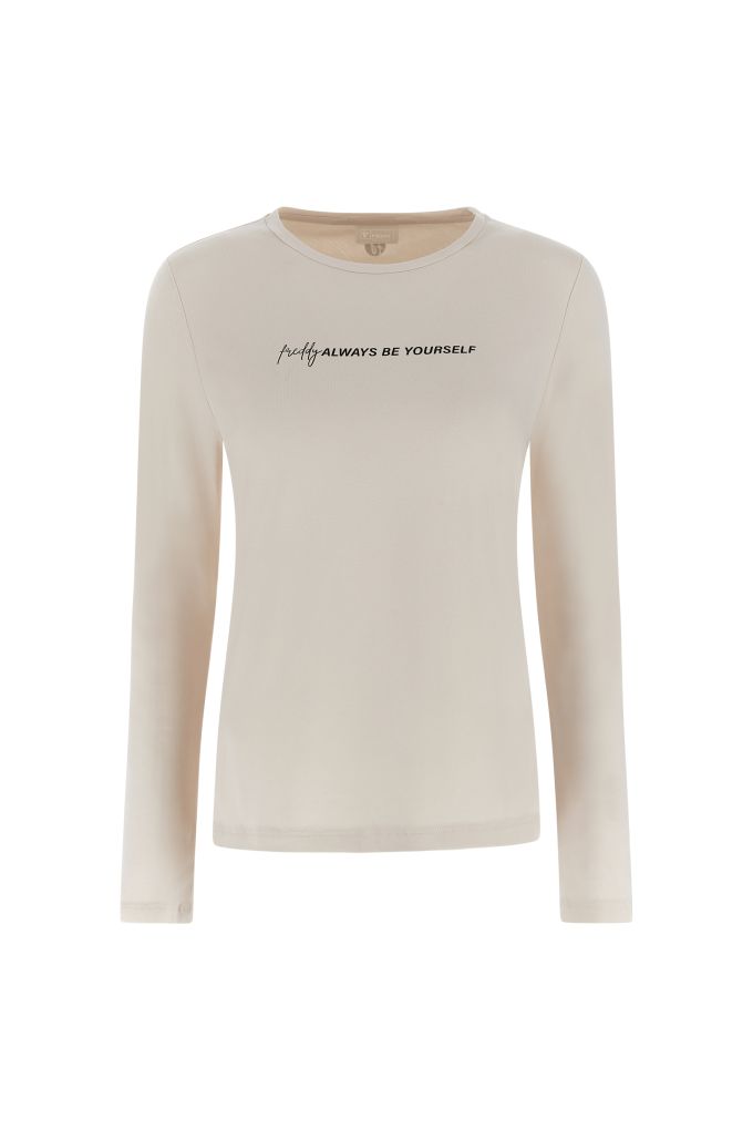 T-shirt a manica lunga con stampa nera lucida e glitter