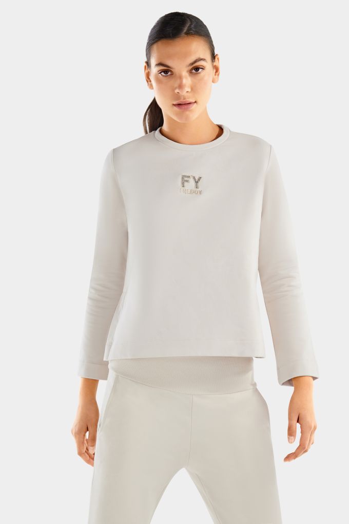 Felpa girocollo con ricamo lurex oro e strass neri