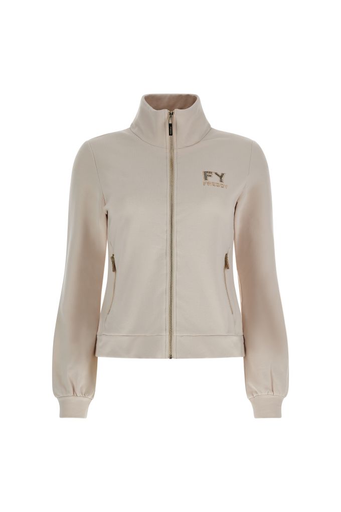 Felpa full zip con ricamo lurex oro e strass neri