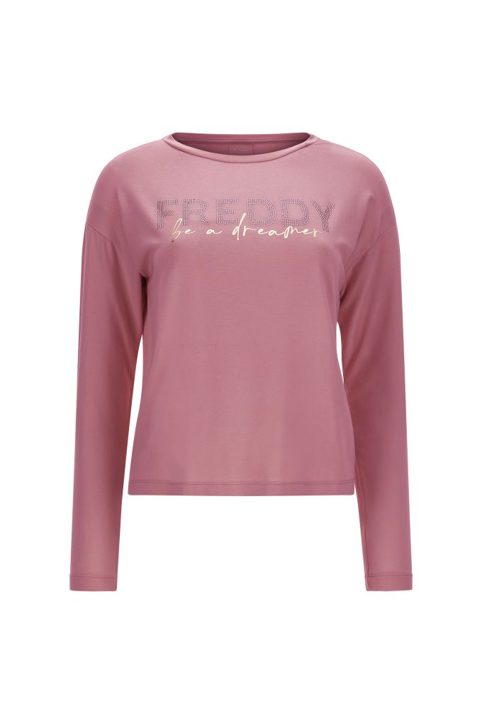 Long-sleeve t-shirt in viscose jersey with a printed gold and rhinestone detail