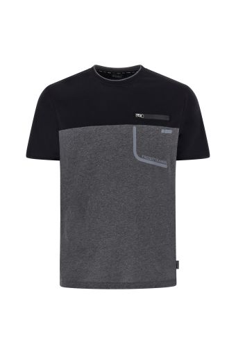 T-shirt bicolore noir et gris mélangé avec petite poche munie d’une fermeture éclair