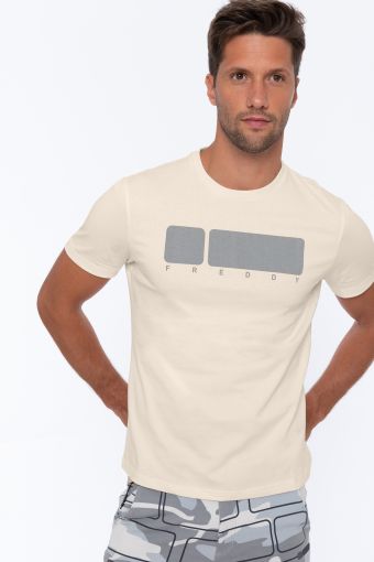 White crew neck t-shirt with a grey maxi No Logo logo print