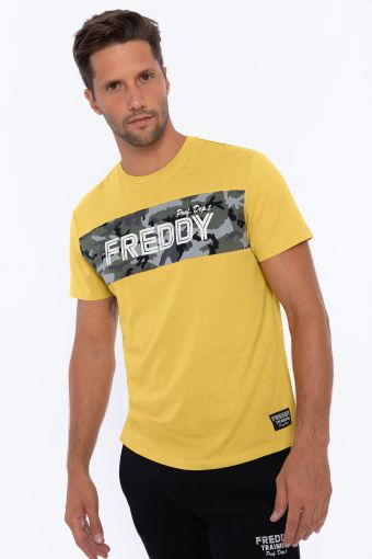 T-shirt con inserto camouflage e stampa a contrasto