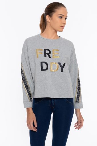 Melange sweatshirt with a black and gold glitter FREDDY print and bands