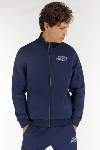 High neck zip-front sweatshirt with a pocket on the sleeve