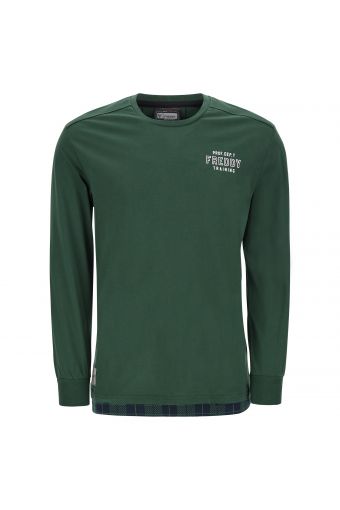 Long-sleeve t-shirt with a print on one sleeve and a 2-in-1 hem