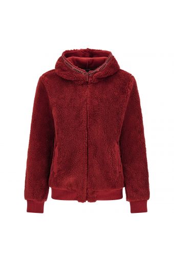 Zip-front faux teddy fur jacket with a branded hood
