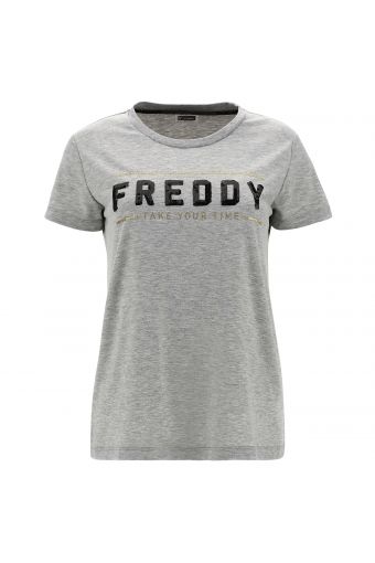 Melange grey t-shirt with sequin FREDDY lettering and glitter bands