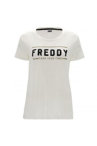 Viscose jersey t-shirt with sequin FREDDY lettering and glitter bands