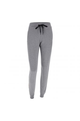 Melange grey joggers with a white and gold print on the lower leg