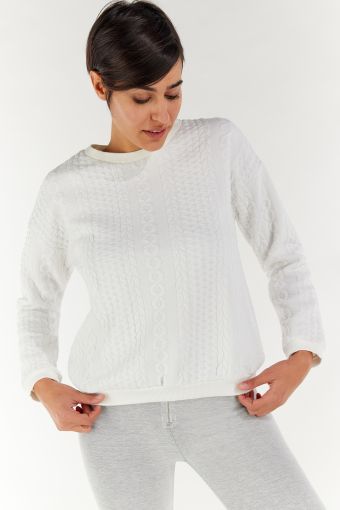 White crewneck sweatshirt with a raised knit-effect motif
