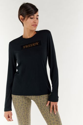 Black long-sleeve shirt with gold Freddy lettering in a crocodile motif box-fill print