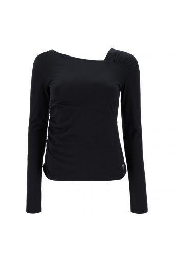 Black jersey stretch shirt with an asymmetrical collar and ruching