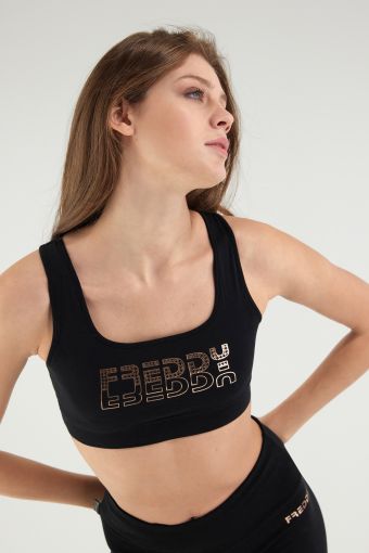 Medium support sports bra with a copper-hued Freddy print