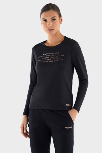 Long-sleeve t-shirt with copper-hued prints and a houndstooth yoke