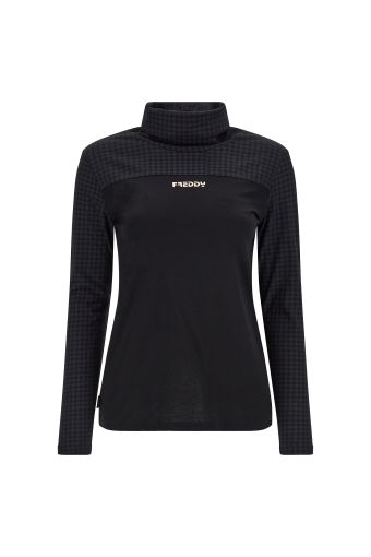 Long-sleeve t-shirt with houndstooth fabric on the top half