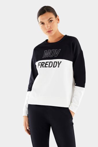 Colour block sweatshirt with silver rhinestones and a shiny black print
