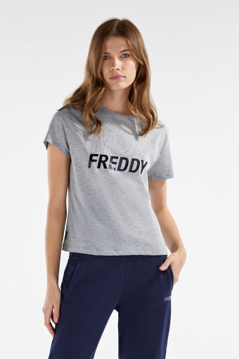 Melange grey cropped t-shirt with a FREDDY MOV graphic trimmed by rhinestones