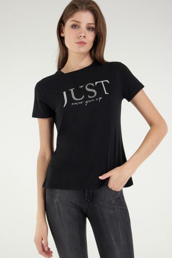 Viscose jersey t-shirt with a JUST NEVER GIVE UP graphic